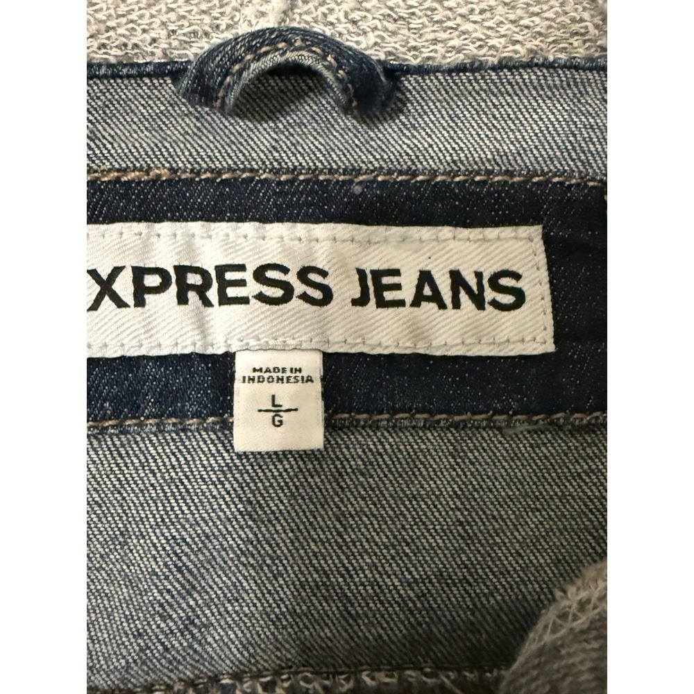 Express Jeans Women's L Distressed Denim Jacket With Sweatshirt Sleeves Hoodie - Picture 3 of 8